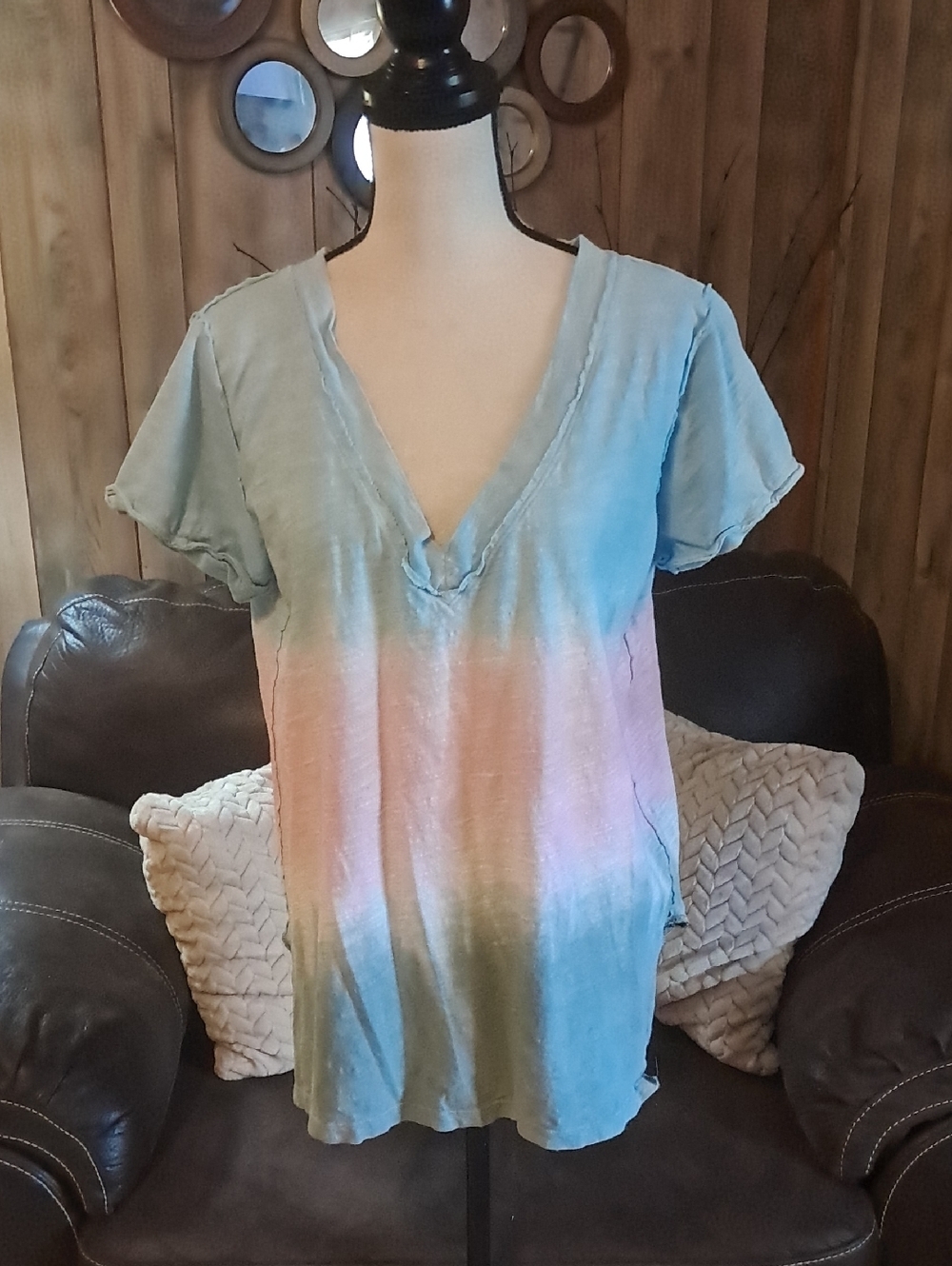Umgee Pastel Tie-Dye Distressed V-Neck Short Sleeve Top Blue, Pink, Green